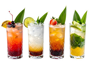 Fototapeta premium Four colorful cocktails with fresh fruit garnishes and green leaves arranged in a row on a transparent background