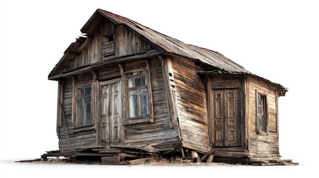 Weathered wooden house, leaning precariously