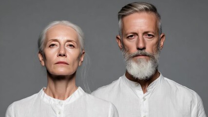 Serene senior couple with eyes closed, embodying peace and tranquility on a gray background