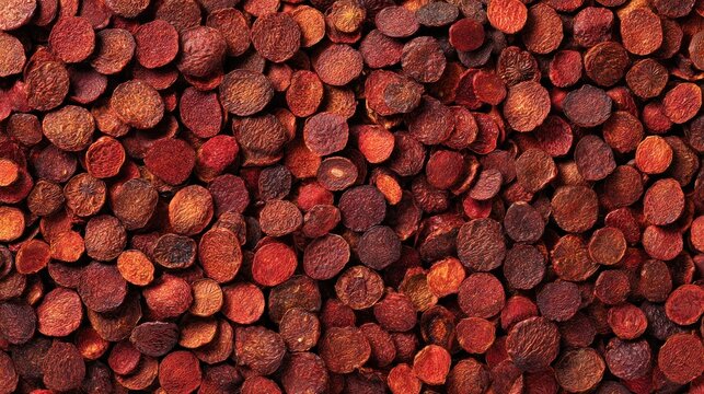 Dense overhead view of many flat, reddish-brown, round seeds creating a textured, organic background