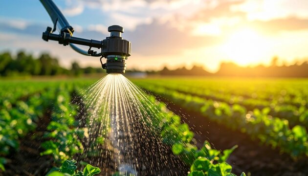 Agricultural sprayer watering a vibrant green crop field at sunset, showcasing modern farming for healthy plants and sustainable growth