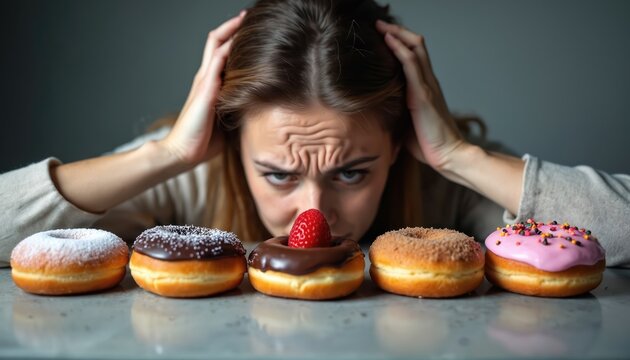 Young adult woman feels stressed, headache, struggles with emotional eating. Stares intently at many colorful donuts, craving sugary food. Girl tries to resist unhealthy sweet temptation, control