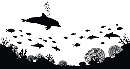 Underwater marine life scene with dolphin swimming above coral reef, diverse fish group, ocean wildlife silhouette illustration, aquatic nature ecosystem vector design © Shoentesh