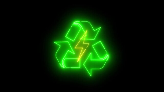 Recycling sign icon with lightning bolt inside, animated in neon light