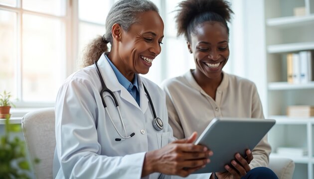 Doctor and patient laugh while looking at tablet. Senior woman practitioner shows results on device to happy young african american woman. Diverse medical consultation, digital health care.
