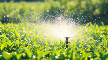Vibrant Crop Refreshment: A Single Sprinkler Actively Waters Bright Green Plants Under Clear Sunlight, Highlighting Essential Farm Hydration.