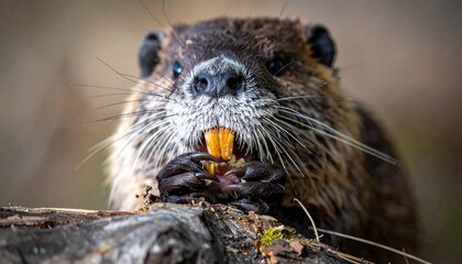 A close-up of a beaver eating a piece of wood, showcasing its prominent orange teeth and furry face in a natural outdoor setting.