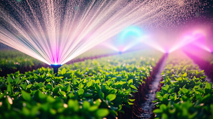 Vibrant, ultra-realistic close-up of an innovative irrigation sprinkler system dynamically watering lush green crops at dawn, illuminated by futuristic colorful LED lights and fine water mist.