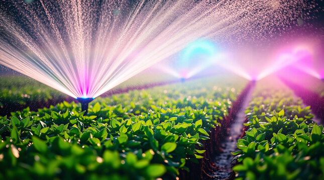 Vibrant, ultra-realistic close-up of an innovative irrigation sprinkler system dynamically watering lush green crops at dawn, illuminated by futuristic colorful LED lights and fine water mist.