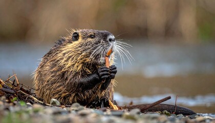 A nutria, also known as a coypu, sits on a rocky bank near water, holding and eating a carrot with its paws.