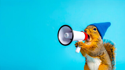 Fototapeta premium squirrel wearing beanie holding megaphone on blue background