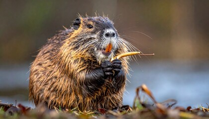 A wet nutria, also known as a coypu, holds a small piece of plant matter in its paws and chews on it, with a blurred background of water and foliage.