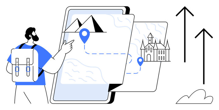 Man with backpack looking at a digital map with mountain and castle locations. Ideal for travel apps, navigation, adventure, tourism, exploration, planning, and goals. Simple flat metaphor