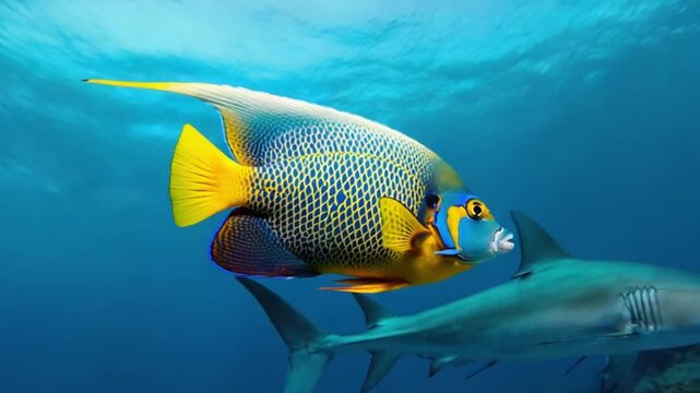 Colorful angelfish swimming with a shark in deep blue ocean water near the surface level fish video