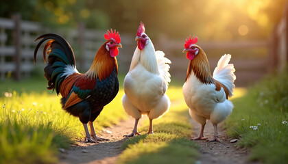 Fototapeta premium Three roosters stand in farmyard. Birds with red crests and colorful plumage pose on grassy path. Farm animal is domestic fowl. Sunshine illuminates rural scene in agriculture business.