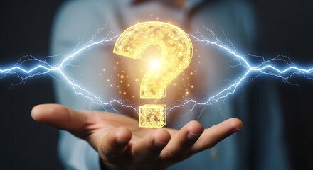 Unlock the Answers Now A hand presents a glowing question mark surrounded by electric energy, perfect for solutions, innovation, and problem-solving concepts
