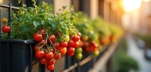 Red cherry tomatoes grow on balcony garden plants in pots. Green leaves and ripe red fruits fill container. Sun sets behind the plants creating warm light.