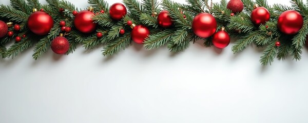 Christmas fir garland with red baubles and berries on white background. Festive border for winter holiday decoration. Seasonal party invite design element. New Year greeting card graphic.
