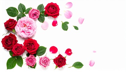 Naklejka premium Red and pink rose flowers with green leaves in a corner arrangement isolated on white