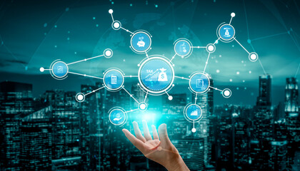 Visual representation of digital tax management, with futuristic icons and data insights in an urban environment, highlighting technology role in finance. Tessel
