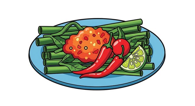 A vibrant cartoon illustration of a traditional Asian vegetable dish with spicy sambal chili sauce lime and tomato garnish on a blue plate.