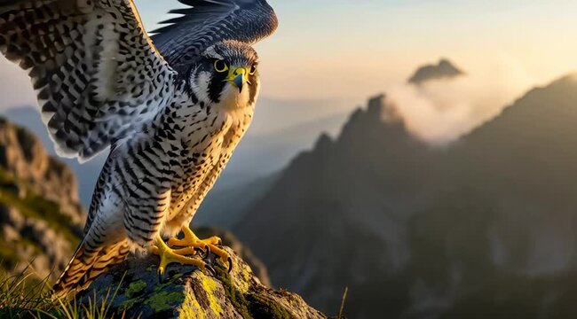 Peregrine Falcon: Majestic Bird of Prey Perched on Rocky Peak against Mountain Sunset Backdrop