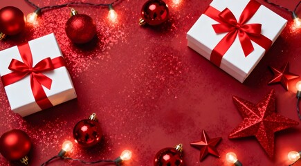 Merry Christmas and Happy Holidays greeting card, frame, banner. New Year. Noel. White and red Christmas gifts, presents, ornaments on red background top view. Winter holiday xmas theme. Flat lay.