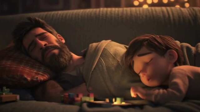 A loving father and his young son sleeping peacefully together on a couch in a cozy, warm living room. - Powered by Adobe