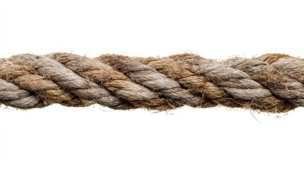 Worn, beige rope with visible strands wound tightly against a white background