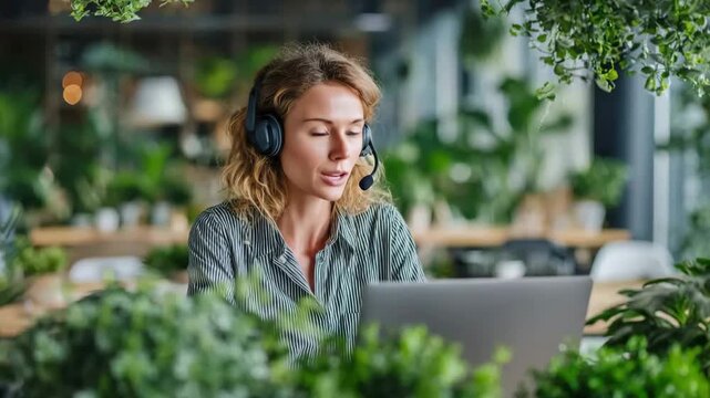 Generative AI. Female customer service representative wearing headphones is engaged in a conversation while working on a laptop surrounded by lush greenery in a modern office environment