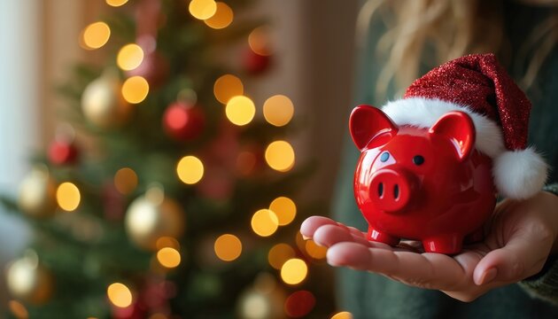 Red piggy bank with santa hat sits on palm near festive xmas tree with blurry warm lights. Person plans holiday budget saving money for gifts presents shopping.