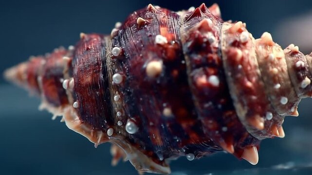 Detailed macro shot of textured seashell with intricate patterns and vibrant colors