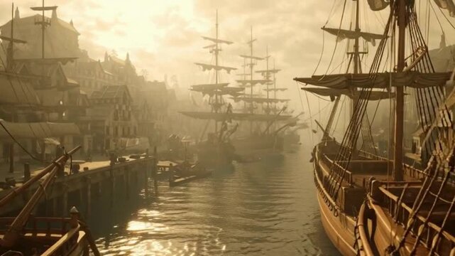 A fleet of historical tall ships docked in a misty, old-world harbor at sunrise.