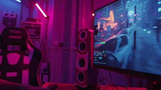 A modern gaming room setup with a large monitor displaying a video game, a speaker, and a chair under vibrant pink neon lighting.