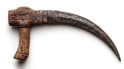 An antique, curved agricultural tool with a wooden handle and a blade made of rusted metal is positioned on a white surface