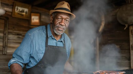 Smiling senior man grilling ribs at a barbecue, wearing a straw hat and apron