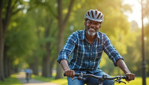 Smiling senior African American man cycles in park wearing helmet. Mature person enjoys sunny day outdoor activity, healthy lifestyle choice, riding bike for fun.