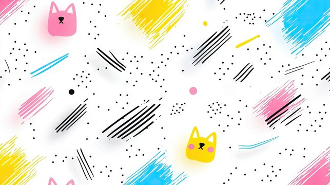 A playful, abstract pattern featuring cute cartoon cat faces in pink and yellow, interspersed with vibrant brush strokes of pink, yellow, and blue, along with b