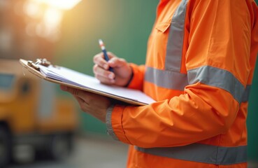 Safety officer in orange high-vis vest takes notes on clipboard during site audit. Industrial worker checks area for safety compliance. Professional man documents findings with pen, ensuring secure