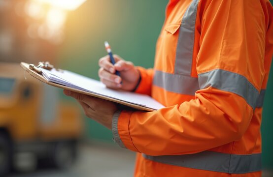 Safety officer in orange high-vis vest takes notes on clipboard during site audit. Industrial worker checks area for safety compliance. Professional man documents findings with pen, ensuring secure