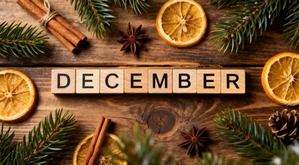 Date December on dark wooden background with spruce branches, pinecones and snowflakes. Festive background.