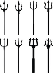 Trident weapon silhouette vector set in various styles; mythological sea god symbols, Poseidon, Neptune, marine, devil, and pitchfork graphic collection.