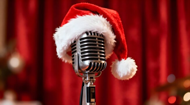 Christmas entertainment performance with retro microphone wearing Santa hat on stage with red curtains. - Powered by Adobe