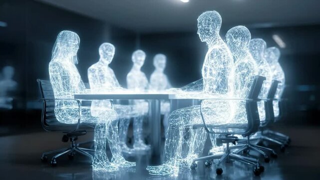 Generative AI. Digital representation of diverse individuals in a futuristic meeting room, engaged in discussion around a glowing table, illustrating modern collaboration and innovation