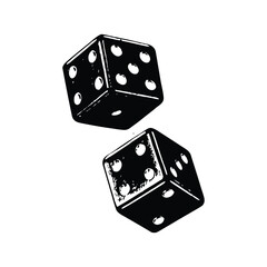 Black and white vintage retro style illustration of classic dice, vector grunge texture