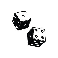 Black and white vintage retro style illustration of classic dice, vector grunge texture