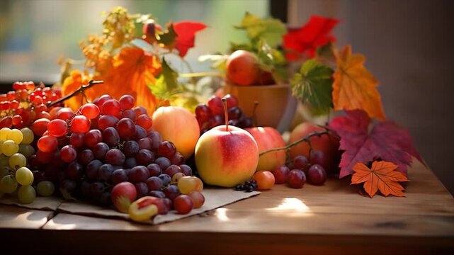 フレッシュな秋のフルーツ、果物の盛り合わせ動画
