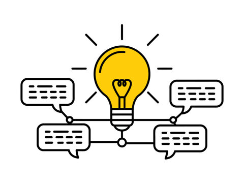 A vibrant illustration showcasing a light bulb radiating bright ideas, surrounded by dialogue bubbles, symbolizing creativity, communication, and idea generation.