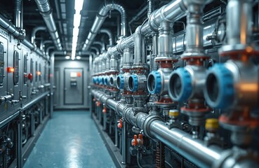 Fototapeta premium Modern industrial facility hallway with complex pipe network. Control panels with sensors and indicators line walls. Automated system operates with pumps and valves.