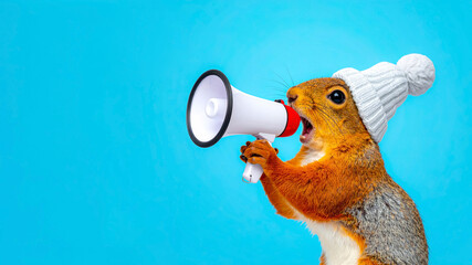 squirrel wearing beanie holding megaphone on blue background